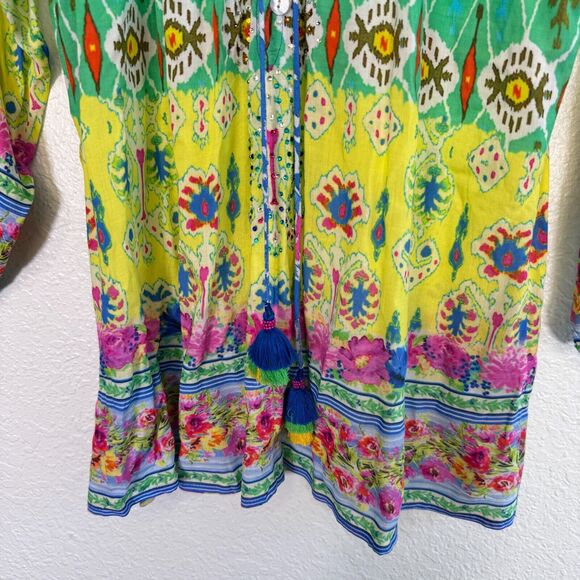Ruby Yaya Top Womens Small Floral Rhinestone Tassel Resort Art to Wear Boho S - Picture 3 of 12